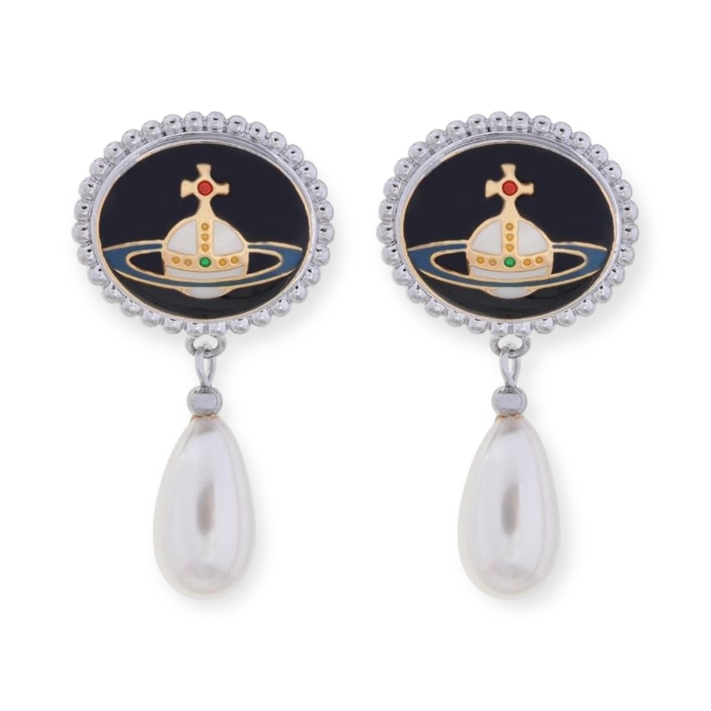 Pebble Engraved Orb Pendant Hanging Silver Pearl Drop Earrings (5 Colors)