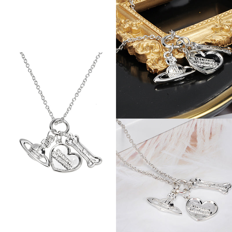 Multi Charm Orb Heart Bones Silver Engraved Necklace