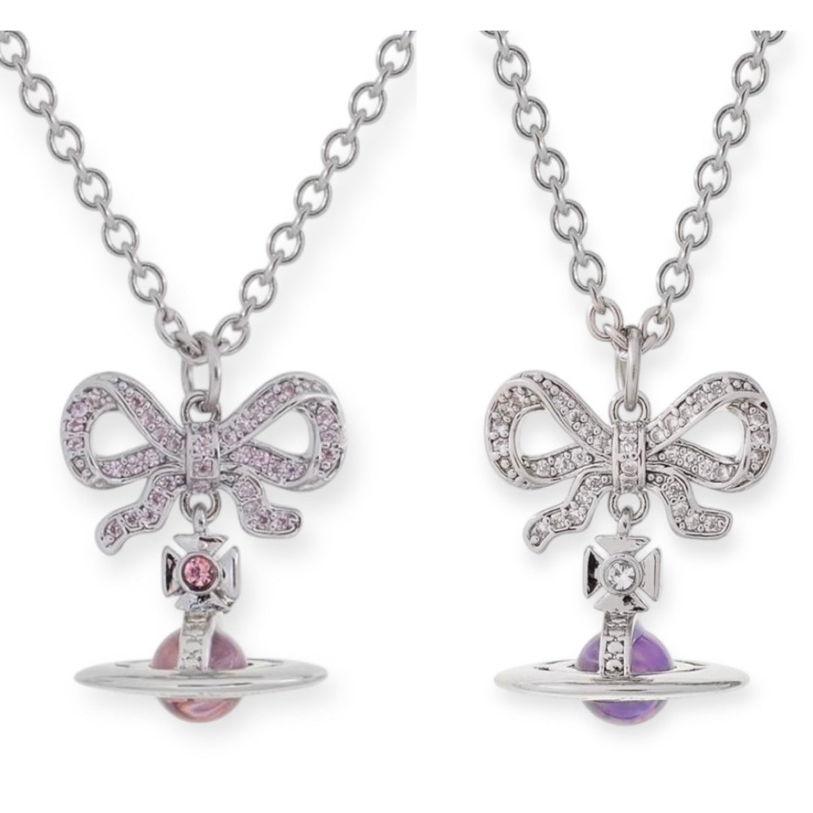 Gem Studded Bow Ribbon Mini Orb Pendant Necklace Pink & Purple (2 Colors)