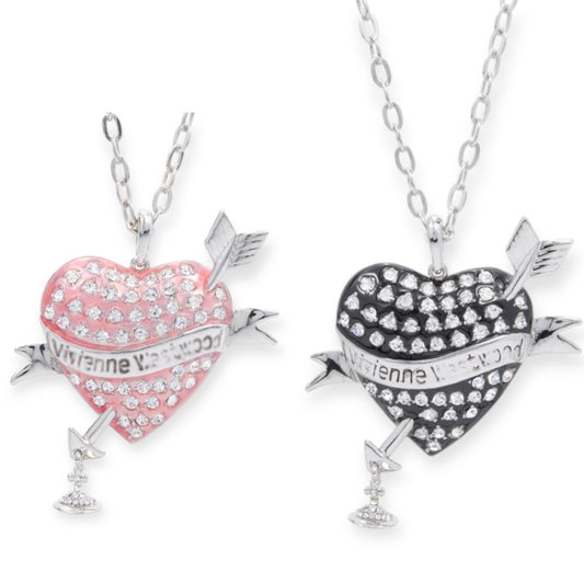 Heart Arrow Gem Studded Pendant Necklace Pink & Black (2 Colors)