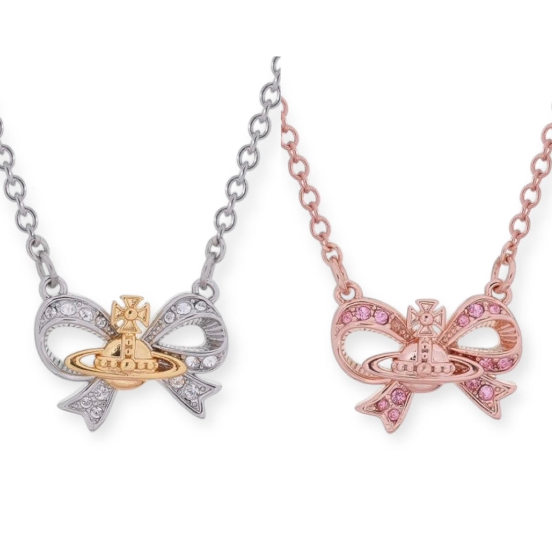 Gem Studded Ribbon Orb Pendant Necklace Silver & Rose Gold (2 Colors)