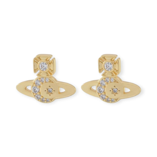 Gem Studded Crescent Moon Stars Display Orb Pendant Gold & Silver Earrings (2 Colors)