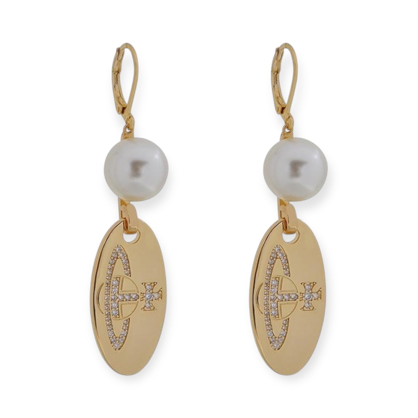 Pearl Holding Hanging Orb Engraved Gem Studded Pendant Gold & Silver Earrings (2 Colors)