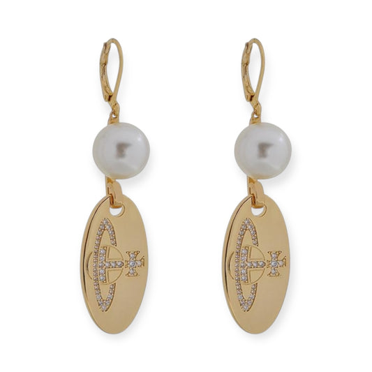 Pearl Holding Hanging Orb Engraved Gem Studded Pendant Gold & Silver Earrings (2 Colors)