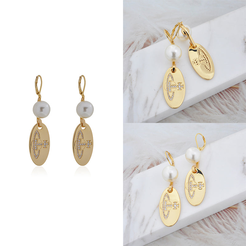 Pearl Holding Hanging Orb Engraved Gem Studded Pendant Gold & Silver Earrings (2 Colors)