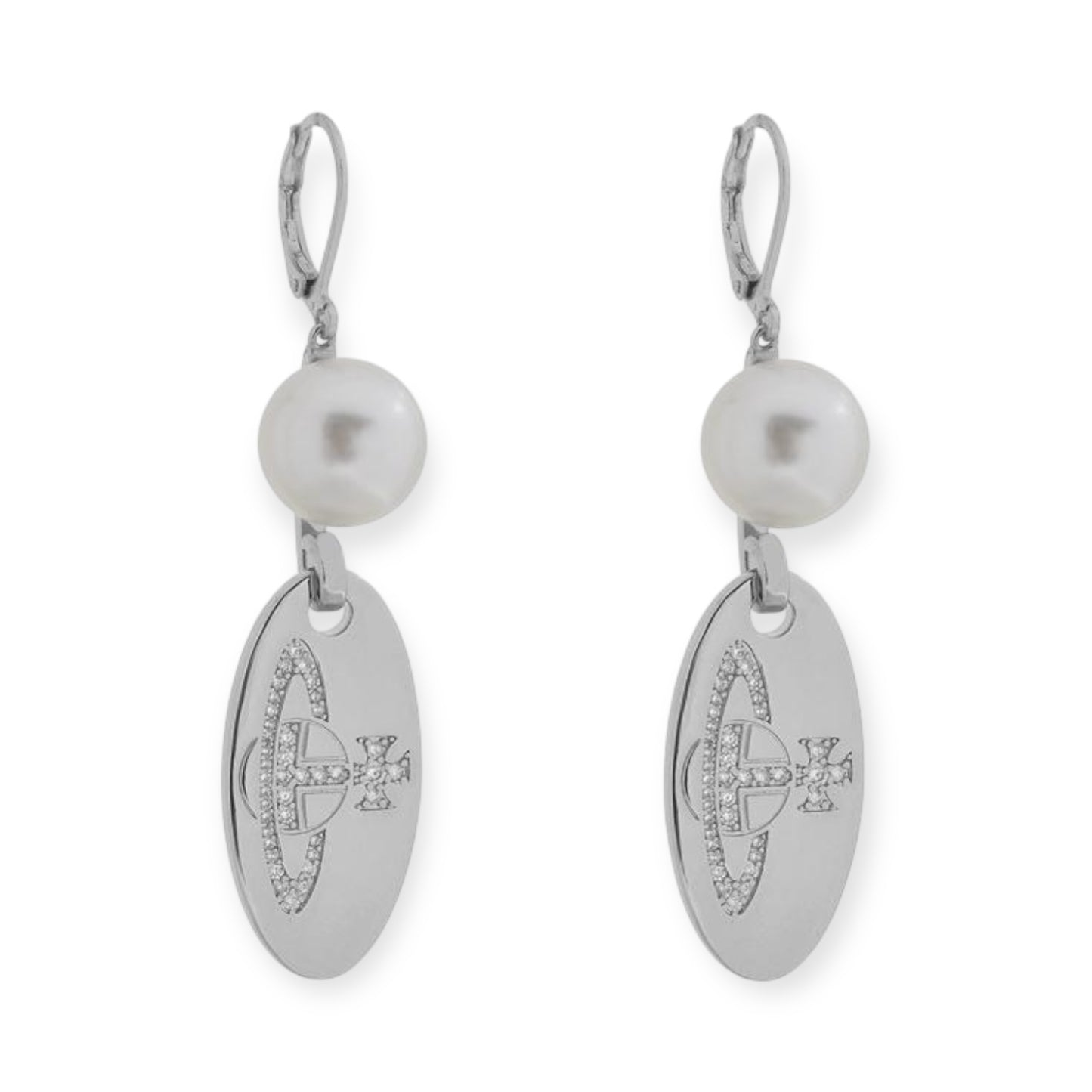 Pearl Holding Hanging Orb Engraved Gem Studded Pendant Gold & Silver Earrings (2 Colors)