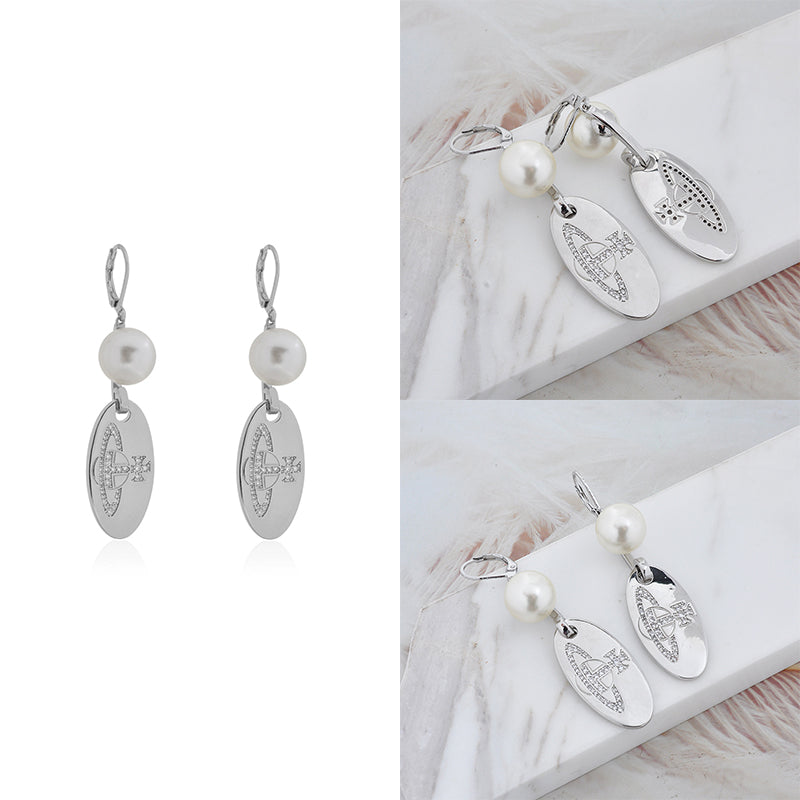 Pearl Holding Hanging Orb Engraved Gem Studded Pendant Gold & Silver Earrings (2 Colors)