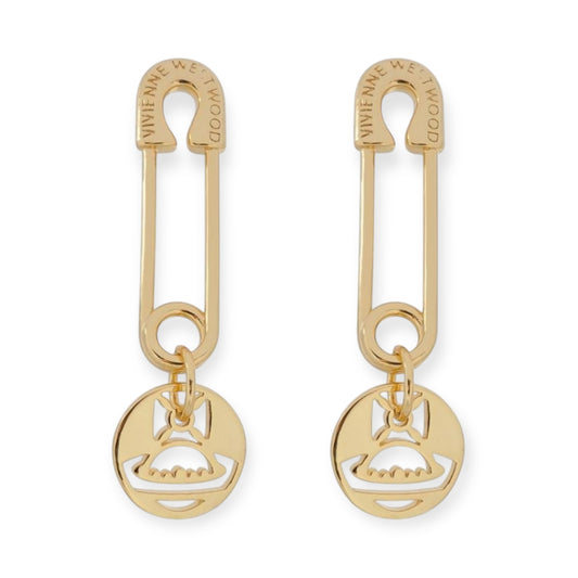 Safety Pin Hanging Cutout Orb Design Pendant Gold & Silver Stud Earrings (2 Colors)