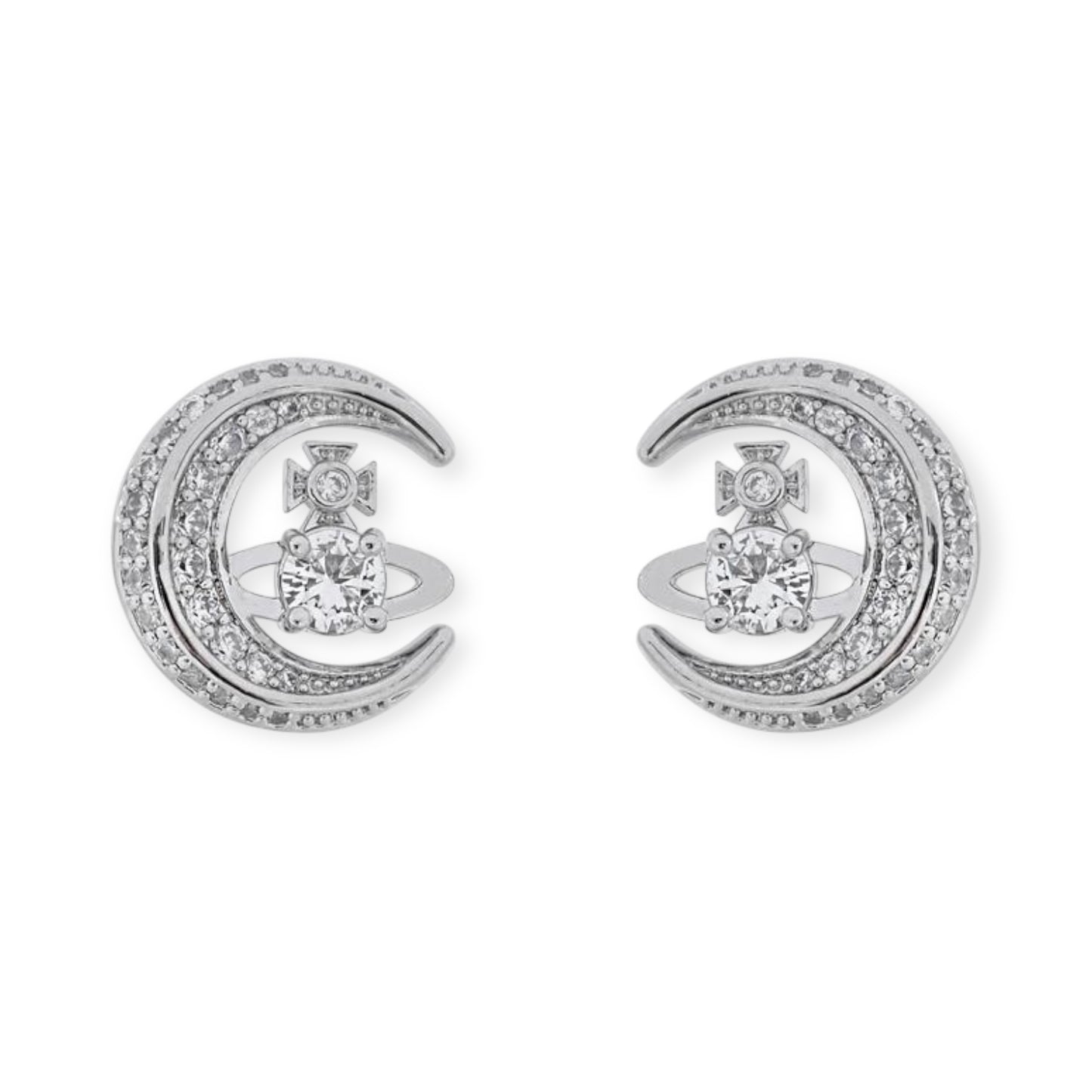 Gem Studded Crescent Moon Orb Pendant Gold & Silver Stud Earrings (2 Colors)