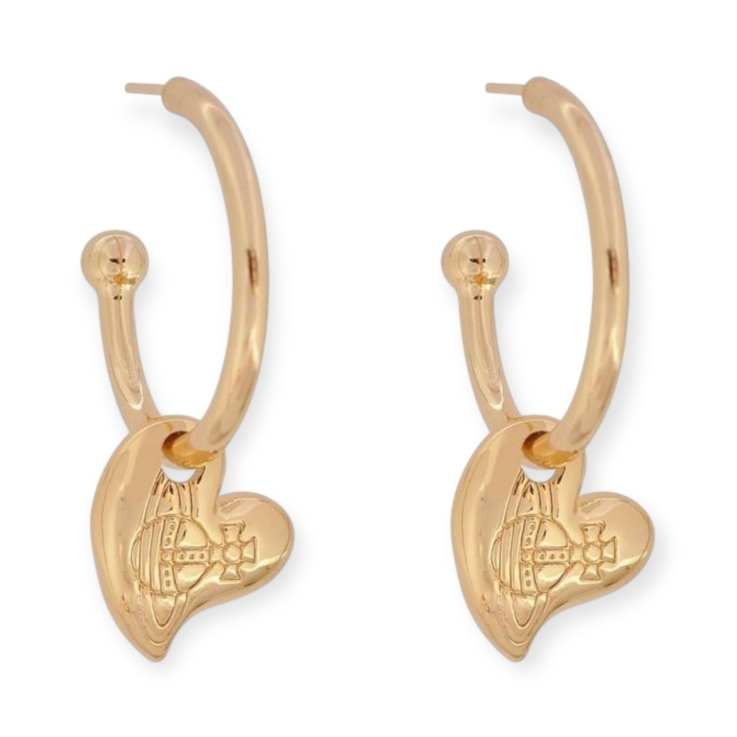 Mini Orb Engraved Hanging Heart Design Pendant Gold & Silver Hooped Earrings (2 Colors)