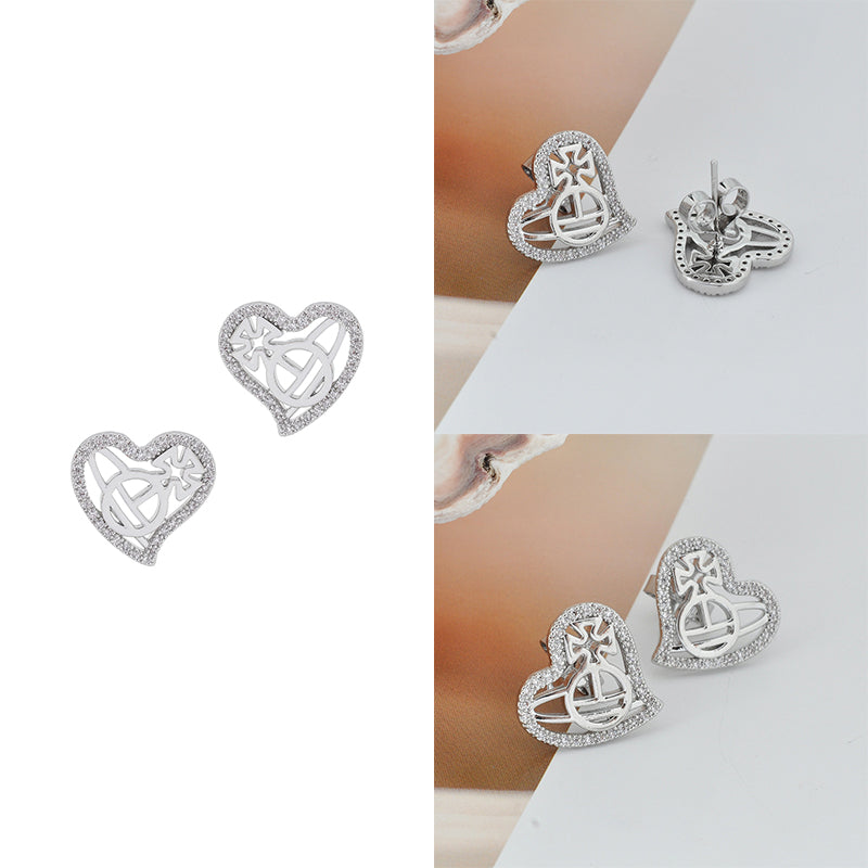 Gem Studded Heart Shaped Orb Cutout Design Pendant Gold & Silver Stud Earrings (2 Colors)