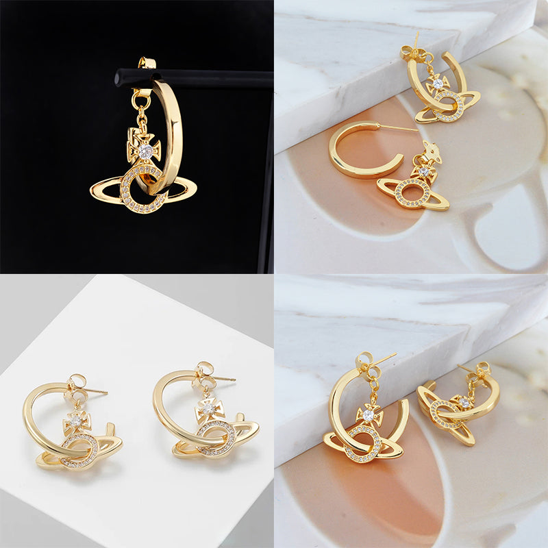 Mini Hanging Gem Studded Orb Pendant Inverted Loop Design Gold & Silver Stud Earrings (2 Colors)