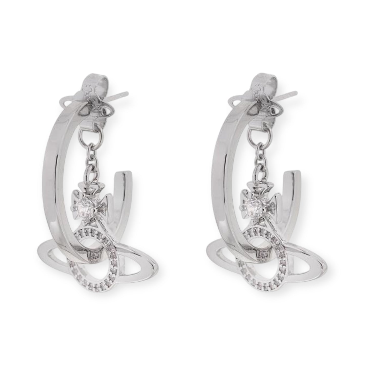 Mini Hanging Gem Studded Orb Pendant Inverted Loop Design Gold & Silver Stud Earrings (2 Colors)