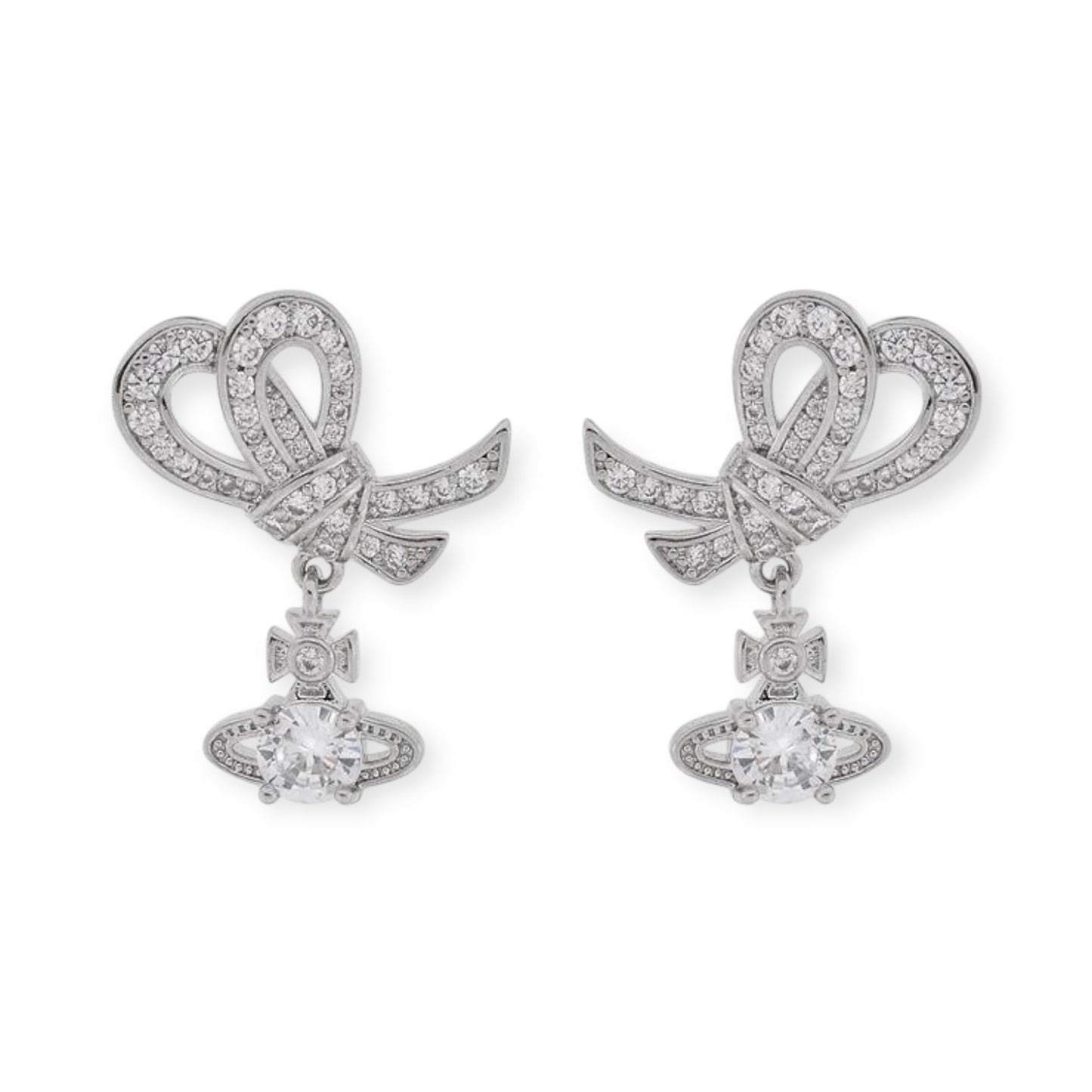 Gem Studded Bow Ribbon Mini Orb Hanging Pendant Gold & Silver Stud Earrings (2 Colors)