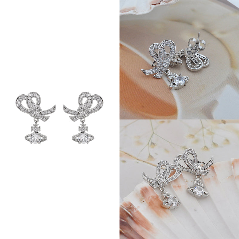 Gem Studded Bow Ribbon Mini Orb Hanging Pendant Gold & Silver Stud Earrings (2 Colors)