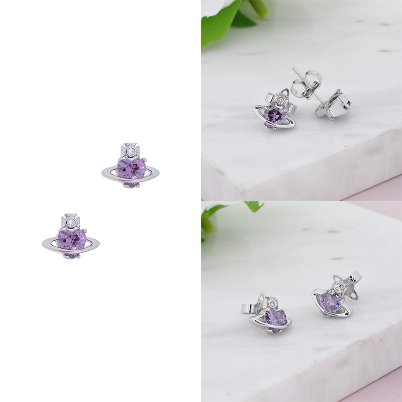 Mini Heart Gemstone Orb Pendant Purple & Silver Stud Earrings (2 Colors)