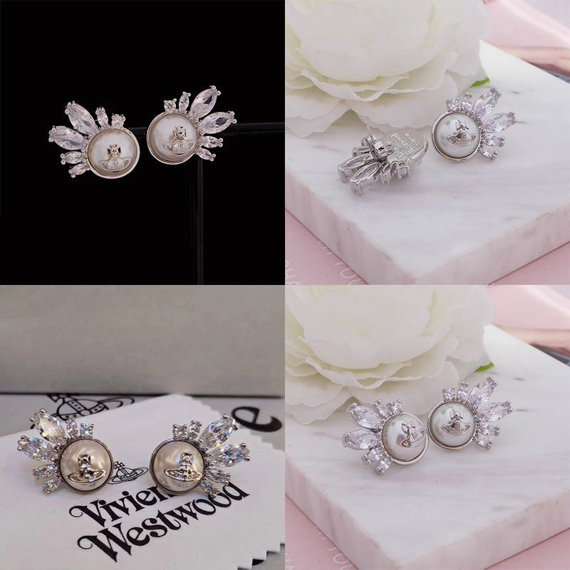 2D Pearl Orb Pendant Hanging Crystal Shards Design Stud Earrings (3 Colors)