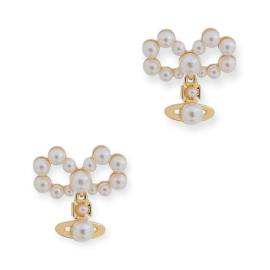 Mini Pearl Orb Pendant Hanging Pearl Ribbon Gold & Silver Stud Earrings (2 Colors)