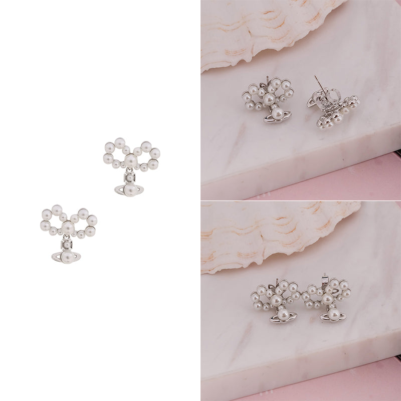 Mini Pearl Orb Pendant Hanging Pearl Ribbon Gold & Silver Stud Earrings (2 Colors)