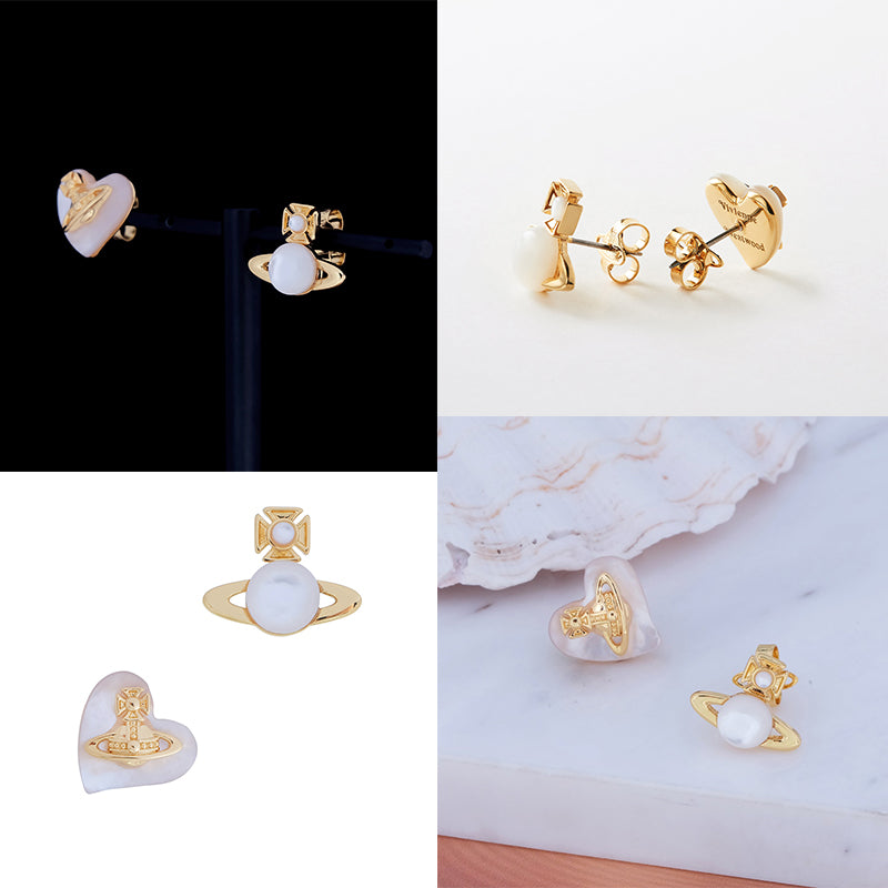 Mini Pearl Orb & Heart Shaped Iridescent Stone Engraved Orb Gold & Silver Stud Earrings (2 Colors)