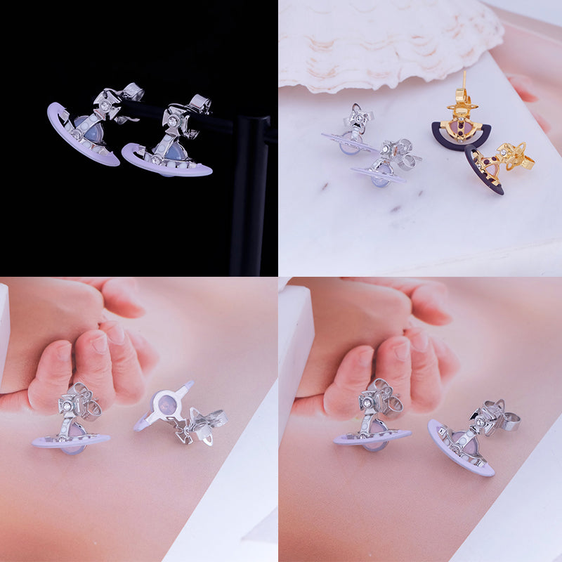 Half Cut Mini Saturn Orb Pendant Stud Earrings (2 Colors)