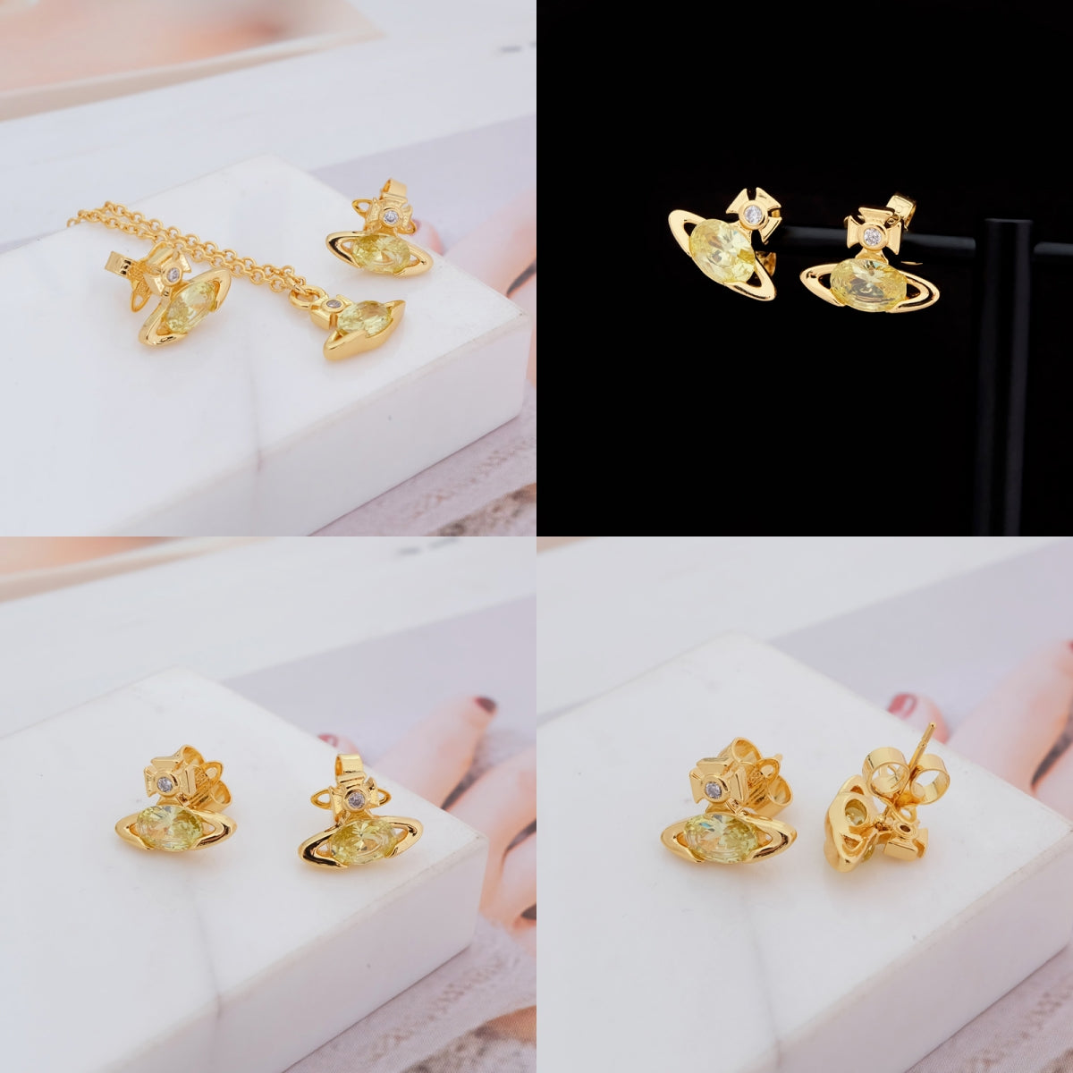 Mini Oval Gemstone Orb Pendant Pink & Green Stud Earrings (2 Colors)