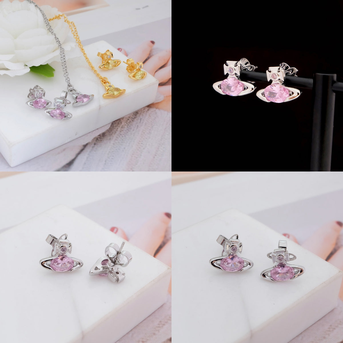 Mini Oval Gemstone Orb Pendant Pink & Green Stud Earrings (2 Colors)