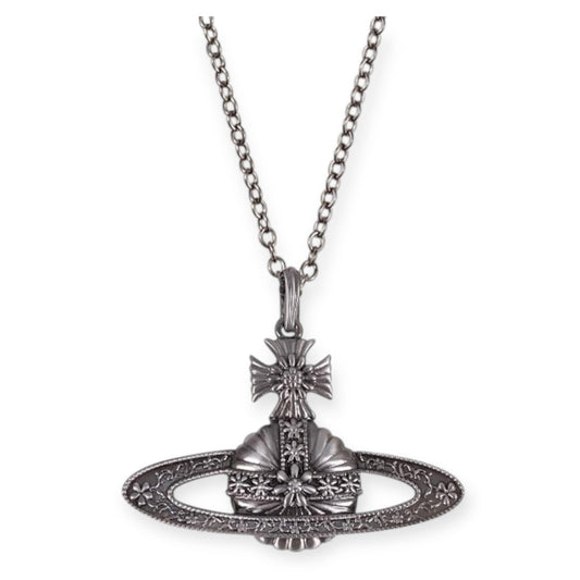 Dark Silver Flower Pattern Pendant Orb Silver Necklace
