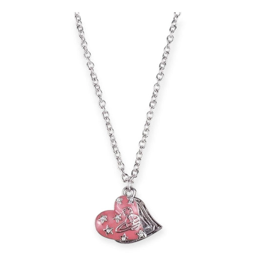 Double Heart Pale Pink Open Pendant Pearl Star Necklace