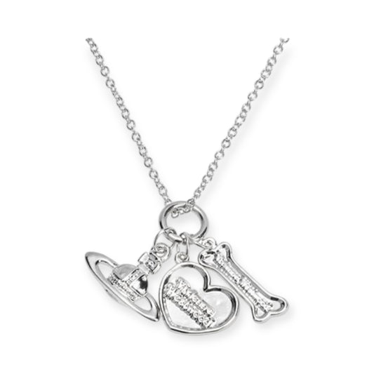Multi Charm Orb Heart Bones Silver Engraved Necklace