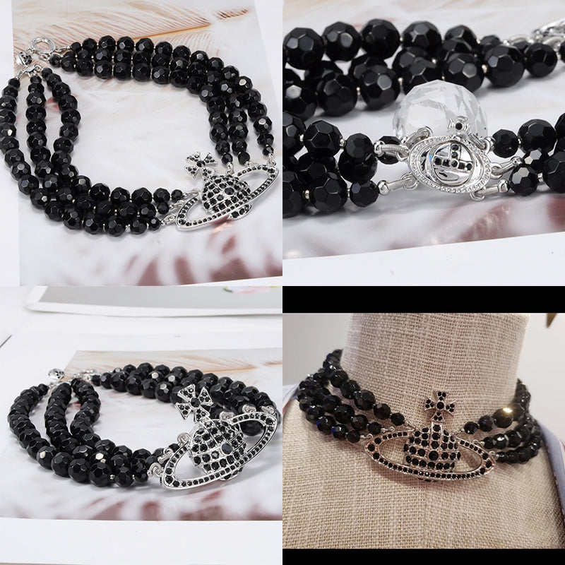Triple Layer Black Beaded Crystal Pearl Orb Pendant Choker Necklace