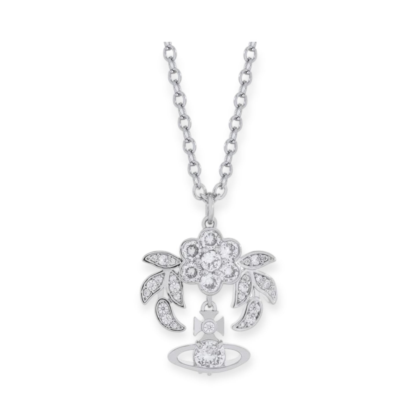 Flower Studded Leaves Mini Gem Orb Hanging Pendant Necklace (4 Colors)