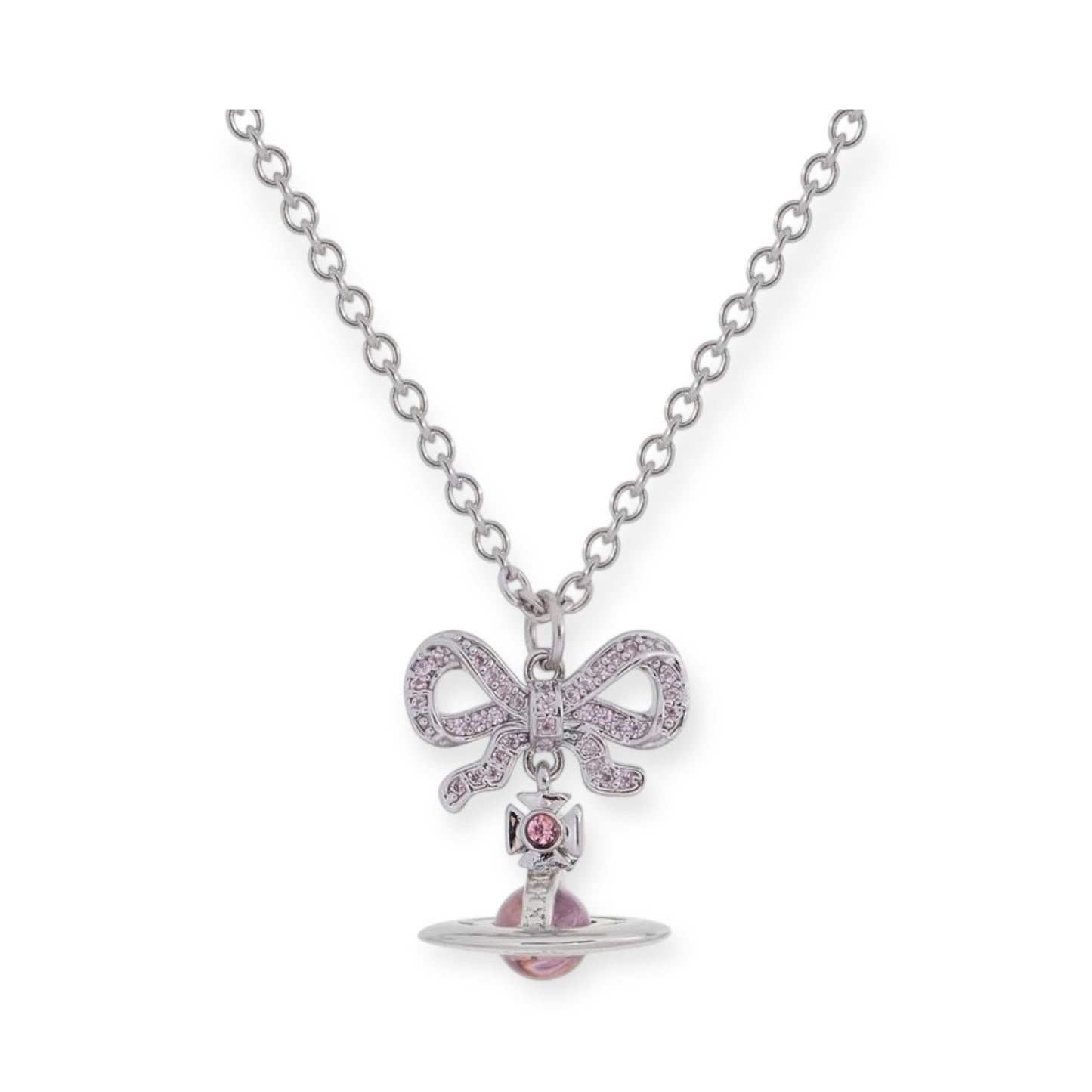 Gem Studded Bow Ribbon Mini Orb Pendant Necklace Pink & Purple (2 Colors, 2 Styles)