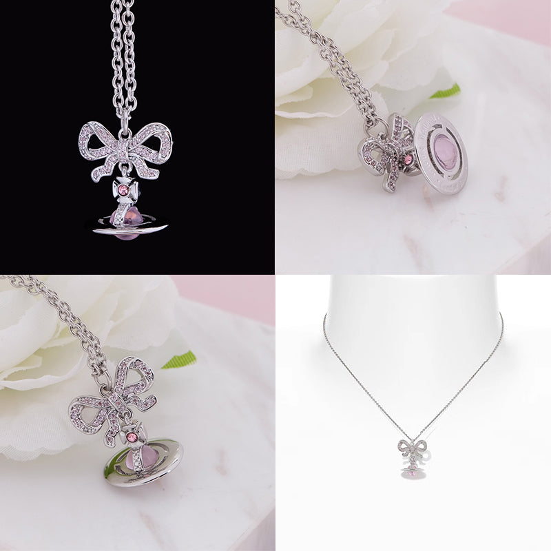 Gem Studded Bow Ribbon Mini Orb Pendant Necklace Pink & Purple (2 Colors, 2 Styles)