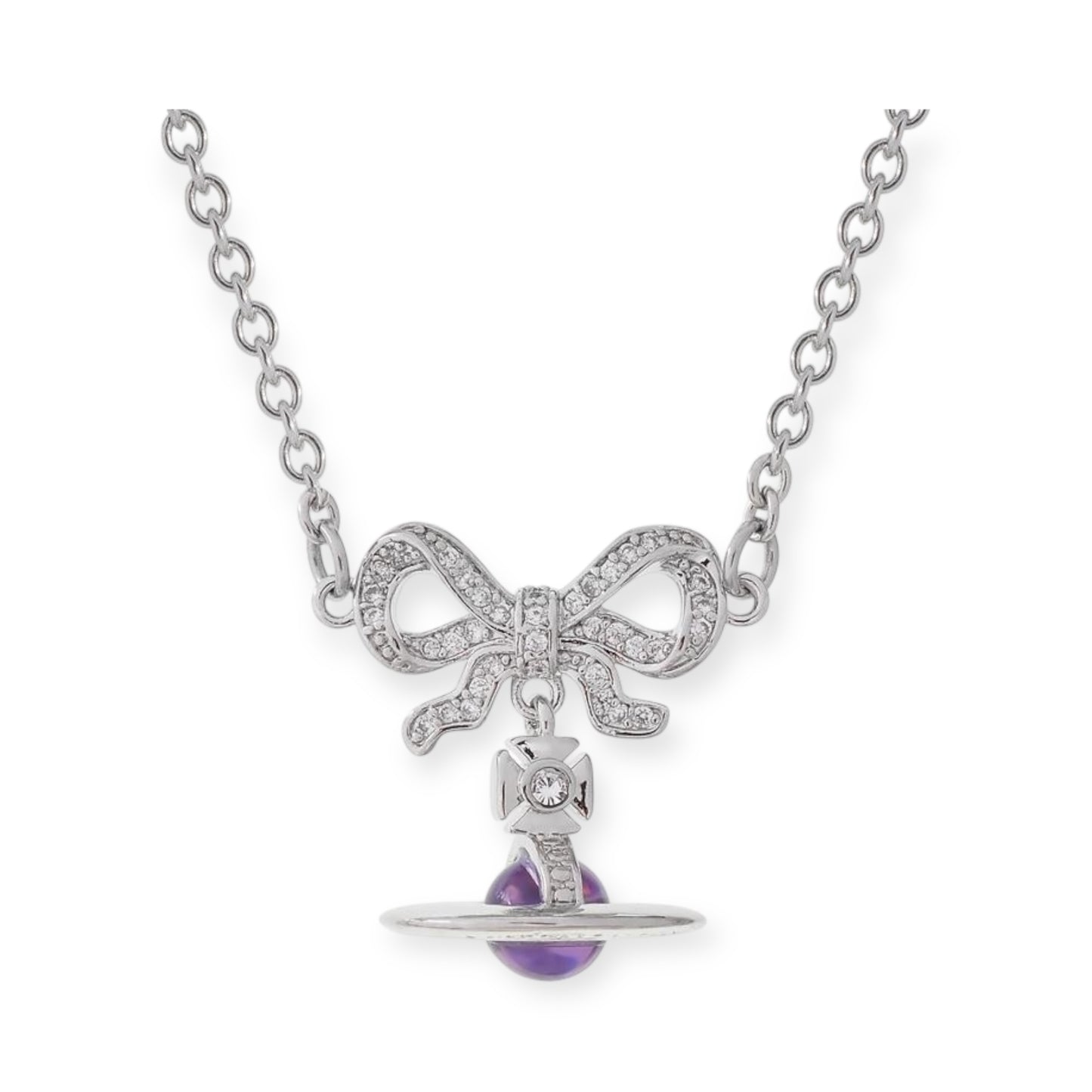 Gem Studded Bow Ribbon Mini Orb Pendant Necklace Pink & Purple (2 Colors)