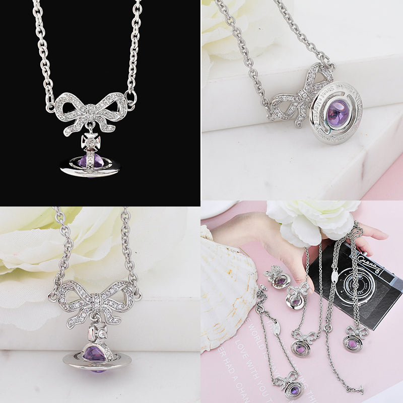 Gem Studded Bow Ribbon Mini Orb Pendant Necklace Pink & Purple (2 Colors)