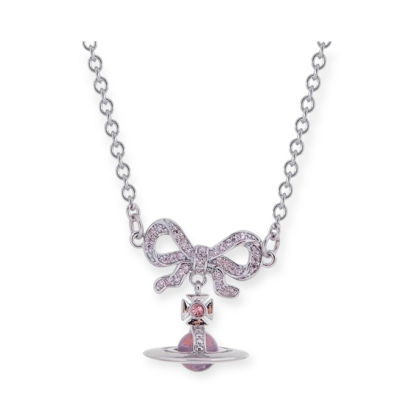 Gem Studded Bow Ribbon Mini Orb Pendant Necklace Pink & Purple (2 Colors)