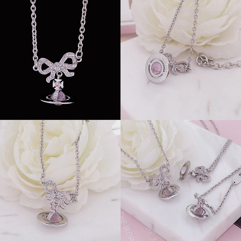 Gem Studded Bow Ribbon Mini Orb Pendant Necklace Pink & Purple (2 Colors)