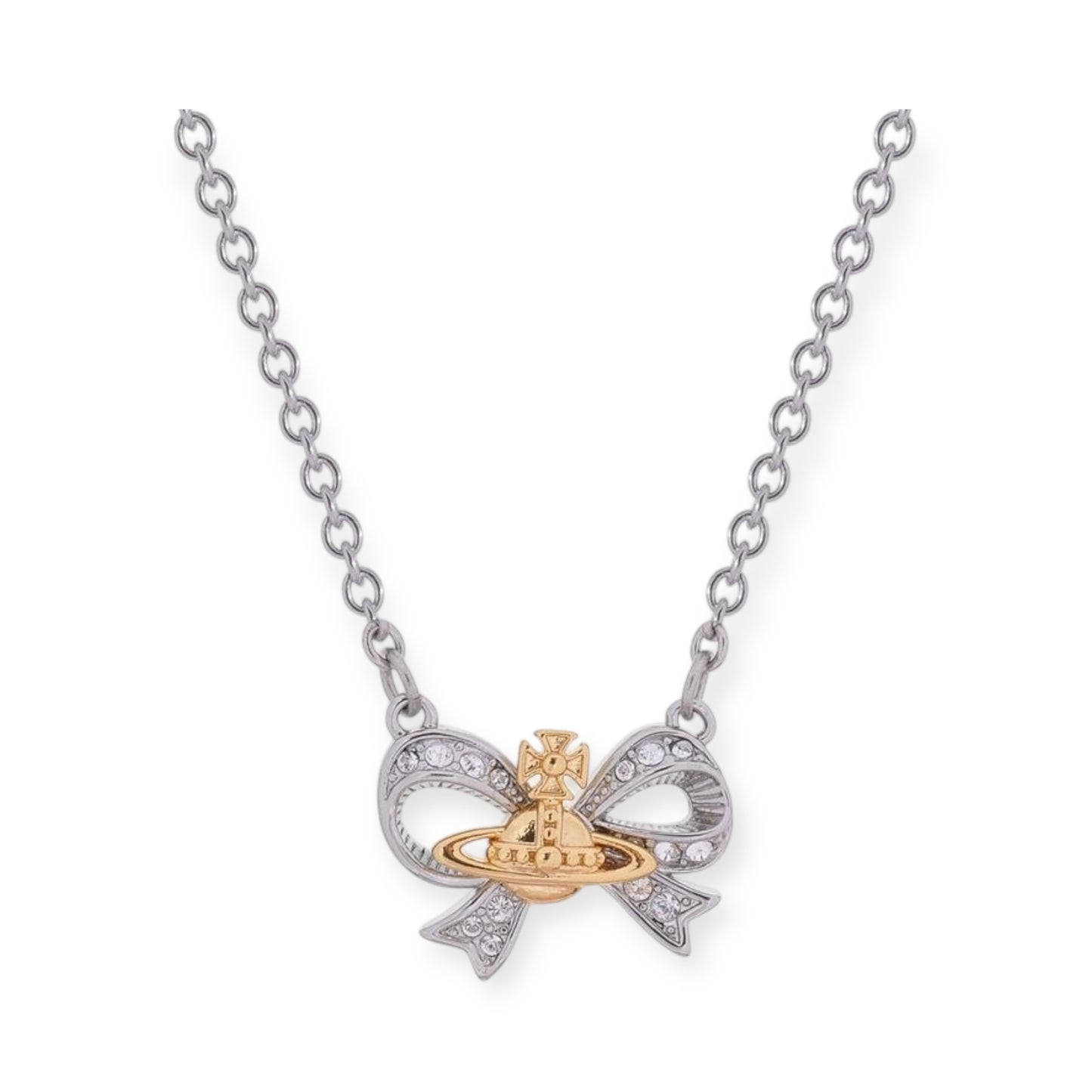 Gem Studded Ribbon Orb Pendant Necklace Silver & Rose Gold (2 Colors)