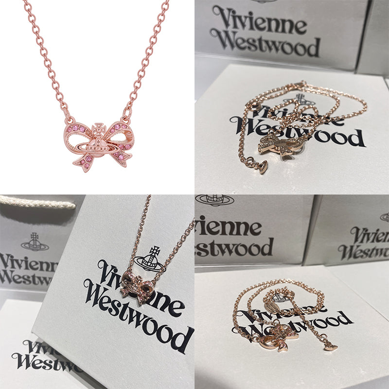 Gem Studded Ribbon Orb Pendant Necklace Silver & Rose Gold (2 Colors)
