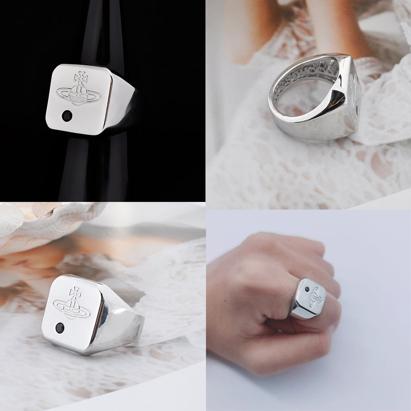 Square Shape Shaped Dot Mark Engraved Orb Ring (3 Colors)