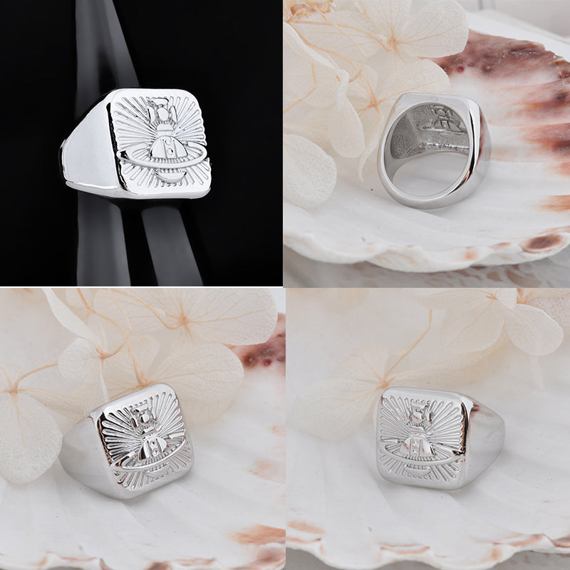 Square Shape Shaped Stamp Seal Signet Engraved Orb Design Ring (3 Colors)